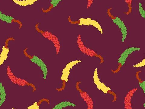 Hot chili peppers seamless pattern in style pixel art. Pixel chili pepper in  库存插图