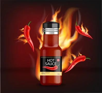 Hot chili sauce on fire vector realistic. Product placement mock up bottle. L Stock Illustration