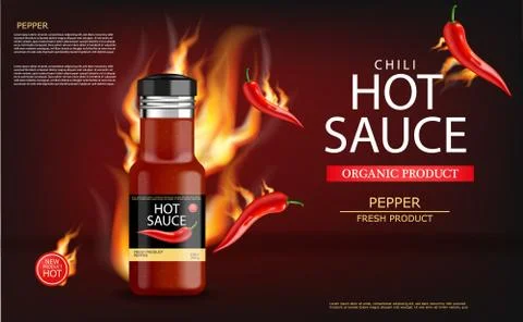 Hot chili sauce on fire vector realistic. Product placement mock up bottle. L Stock Illustration