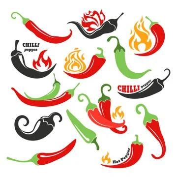 Hot chilli pepper in fire vector illustration set, chili in flame, spicy mexican Stock Illustration