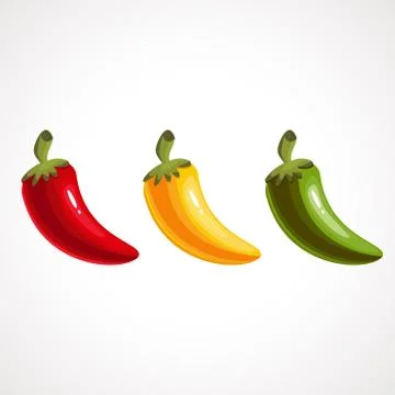 Hot chilli pepper set isolated on white background. Red, yellow and green. Stock Illustration