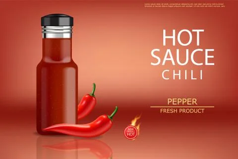 Hot chilli sauce vector realistic. Product placement mock up bottle. Label de Stock Illustration