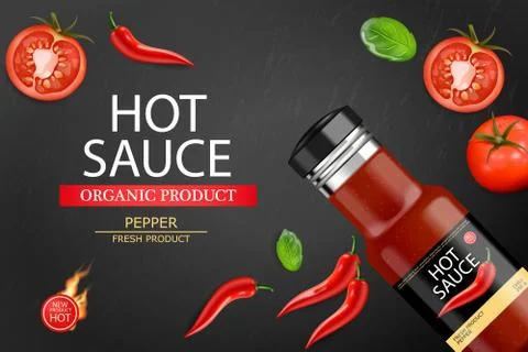 Hot chilli sauce vector realistic. Product placement mock up bottle. Label de Stock Illustration