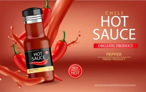 Hot chilli sauce vector realistic with splash. Product placement mock up bott Stock Illustration