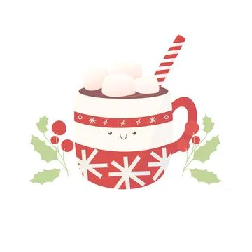 Hot chocolate cup with marshmallows, red with snowflake ornament. Christmas 스톡 일러스트