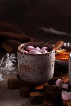 Hot chocolate with marshmallows for christmas dessert Stock Photos