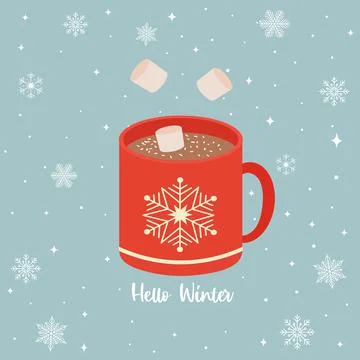 Hot chocolate with marshmallows. A cup with a snowflake ornament and Hello Stock Illustration