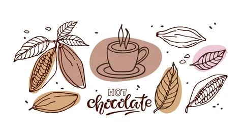 Hot Chocolate set. Hand drawn sketch vector Cocoa beans, leaves, cup sketch and Stock Illustration