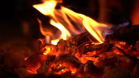 Hot Coals Burning Down a Large Fire and Glow Bright Red. Campfire from Branches Stock Footage 206700525