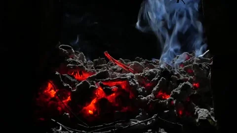 Hot coals in the fire close -up at night Stock Footage 168622297