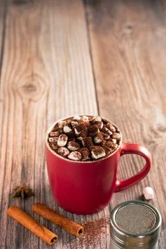 Hot cocoa beverage with dusted marshmallows in red cup next to metal shaker on 库存照片