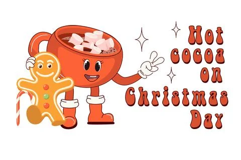 Hot Cocoa for Christmas. Cute hot cocoa mug and ginger man. Retro character in Stock Illustration