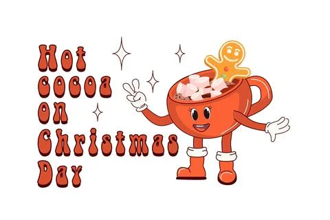 Hot Cocoa for Christmas. Cute mug with hot cocoa. Retro character in cartoon Stock Illustration