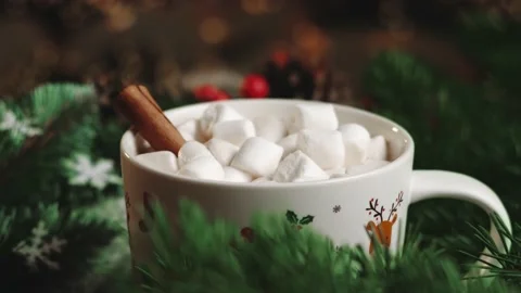 Hot cocoa with marshmallows, cinnamon in a white mug with patterns, surrounde Stock Footage 144065018