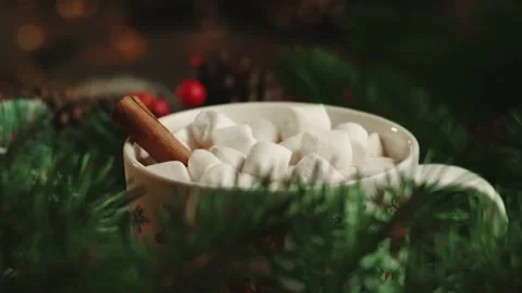 Hot cocoa with marshmallows, cinnamon in a white mug with patterns, surrounde Stock Footage 144065020