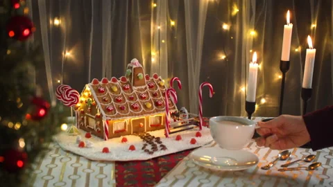 Hot Cocoa placed next to Gingerbread house Stock Footage 144933674