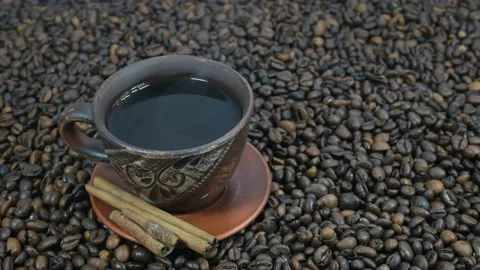 Hot coffee and coffee beans Stock Footage 108611100