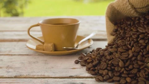 Hot coffee and coffee beans Stock Footage 137782146