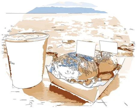 Hot Coffee cup and mini burgers on the beach Stock Illustration