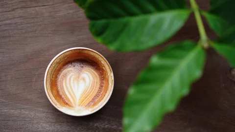 Hot coffee cup with heart shape latte art and green coffee leaves Stock Footage 120548552