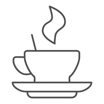 Hot coffee in a cup on saucer thin line icon. Mug with drink and steam symbol Illustrazione stock