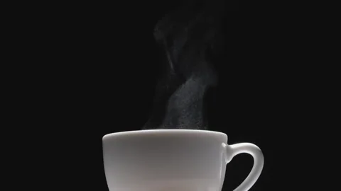 Hot coffee cup with steam float up from cup on dark background Stock Footage 166130569