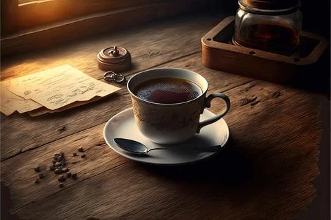 Hot coffee cup on table, relax time, morning time, Made by AI,Artificial in.. Stock Illustration