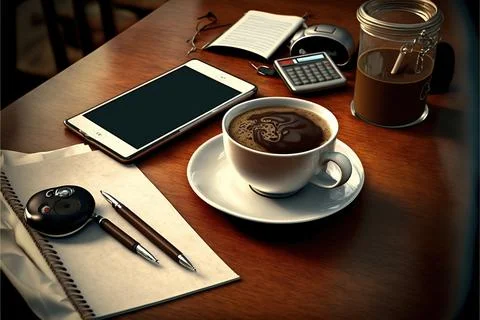 Hot coffee cup on table, relax time, morning time, Made by AI,Artificial in.. Stock Illustration