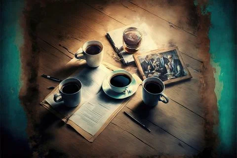 Hot coffee cup on table, relax time, morning time, Made by AI,Artificial in.. Stock Illustration