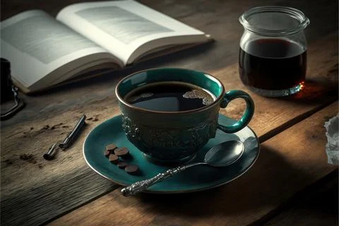 Hot coffee cup on table, relax time, morning time, Made by AI,Artificial in.. Stock Illustration