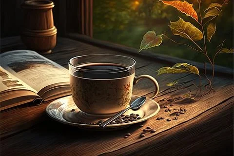 Hot coffee cup on table, relax time, morning time, Made by AI,Artificial in.. Stock Illustration
