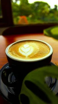 Hot Coffee Latte Art in a Black Cup on Wooden Table Stock Photos