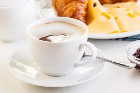Hot coffee in the morning breakfast. focus on coffee Stock Photos