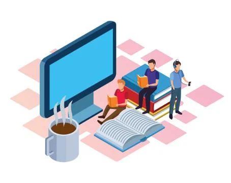 Hot coffee mug, computer and people reading Stock Illustration