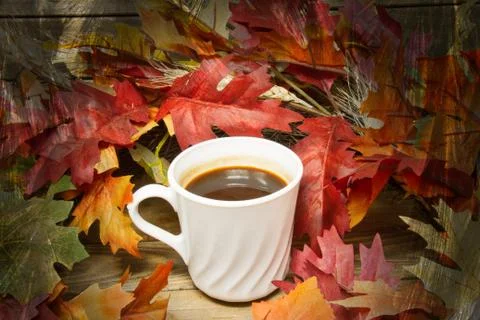 Hot coffee surrounded by fall colored leaves on a wood surface with texture. Photos