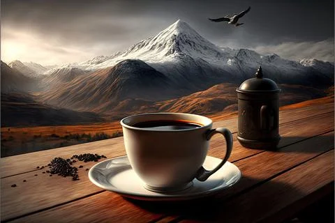 Hot coffee on the table with mountain background . top view Illustrazione stock