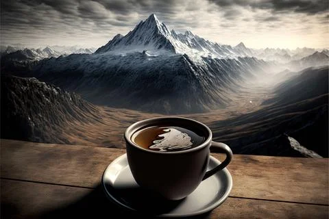 Hot coffee on the table with mountain background Stock Illustration