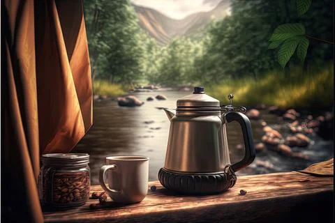 Hot coffee on the table with tent background, forest Stock Illustration