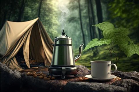 Hot coffee on the table with tent background, forest, Made by AI,Artificial Stock Illustration