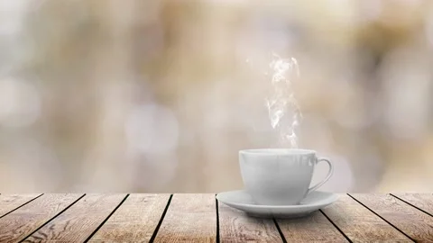 Hot coffee on the table on a winter background Video stock 147595882