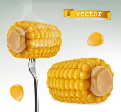 Hot corn on fork. 3d vector icon Stock Illustration