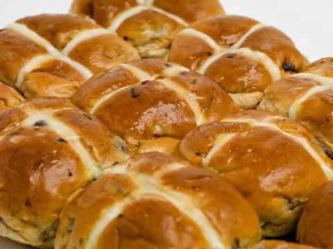 Hot cross, buns and easter or food vacation for traditional brunch or Stock Photos