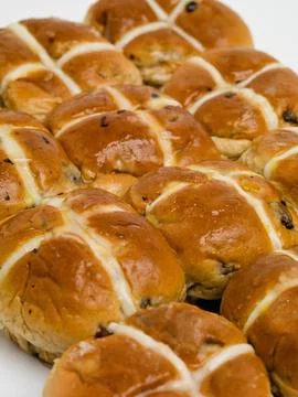 Hot cross, buns and easter for traditional holiday food for vacation brunch as Stock Photos