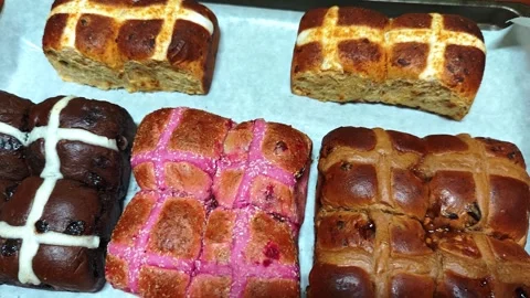 Hot Cross Buns of different colors and flavors Stock Footage 331724197