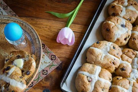 Hot Cross Buns Easter Breakfast with Egg Stock Photos