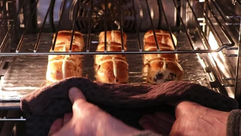 Hot Cross Buns Easter Good Friday Lent Easter Oven Hot Baked Man Kitchen Towel Stock Footage 270417975