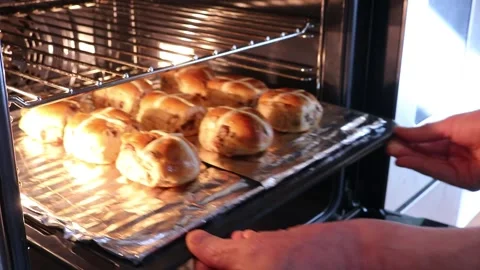 Hot Cross Buns Easter Good Friday Lent Easter Oven Hot Baked Man Kitchen Towel Stock Footage 270417976