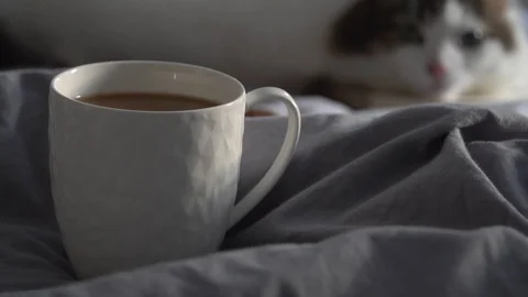 Hot cup of coffee with notebook and pencil on a bed. Vidéo 112509505