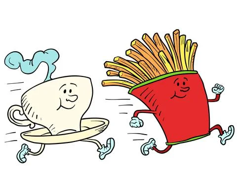 A hot cup of coffee or tea and french fries. Fast food characters running, doing Stock Illustration