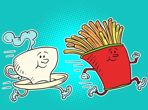 A hot cup of coffee or tea and french fries. Fast food characters running, doing 库存插图